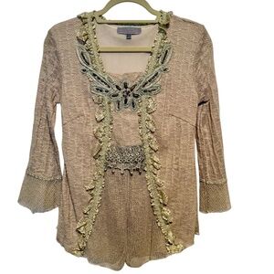 Pretty Angel Linen Blend Top Lace Bead Trim Size Small Beige